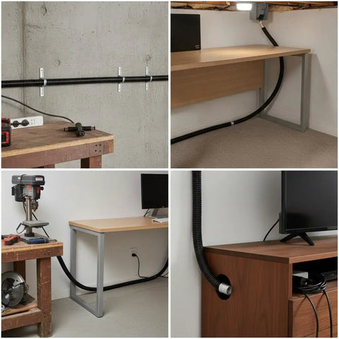 Built Tough Workhorse Corrugated Flexible Conduit Pipe With Compression Fitting Connector For Electrical Cable Routing And Wiring Harness Protection Rated At 20 Bar Pressure In A Sturdy 19 Millimeter Coil used in a workspace setup.