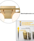 Close-up of 4-Light Brass Vanity Light With Milky White Glass Globes, showing electrophoretic brass finish detail, technology process diagram.