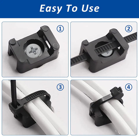 Pro Grade Zip Tie Mounts Kit With 60 8 Inch Ties 60 Saddle Base Clips And Screws Durable Black Wire Organizer Bundle For Home Office Car DIY Projects showing easy installation steps
