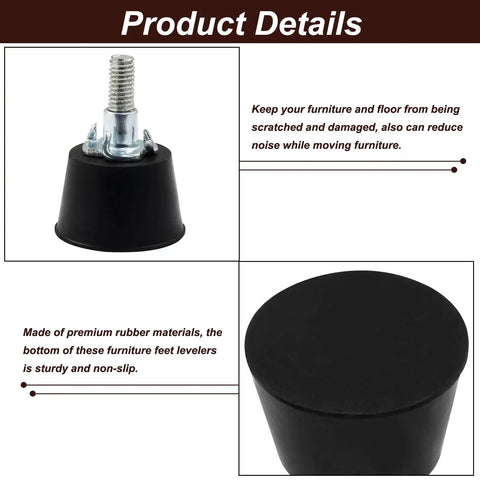 Close-up of 1.2 Inch M6 Threaded Adjustable Furniture Leveling Feet Set showing the rubber base and steel threading.