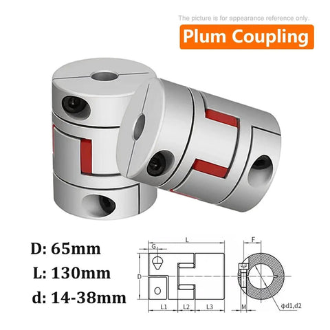 Heavy Duty Plum Flexible Shaft Coupling For CNC Machines 14Mm To 38Mm Bore Aluminum Alloy Jaw Connector with dimensions and design details.