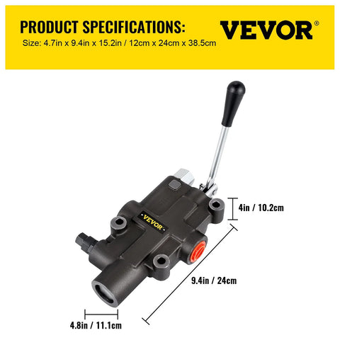 Front-angle view of VEVOR hydraulic directional control valve, 1 spool, lever-operated, black metal body.