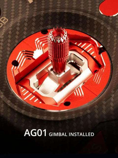 Close-up of AG01 Hall-effect gimbal from Boxer Max ExpressLRS Transmitter With CNC Aluminum Carbon Fiber Build