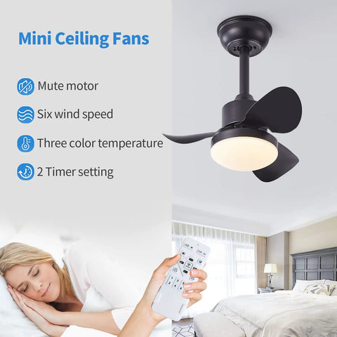 Cool 21 Inch Ceiling Fan With Lights And Remote installed in a bedroom, featuring dimmable metal blades, shown with remote control