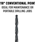 118° conventional point black oxide drill bit from 1/4-28 Tap And Number 3 Drill Bit Kit, Pro Grade Heavy Duty High Speed Steel Plug Tap Set