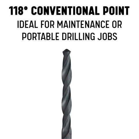 118° conventional point black oxide drill bit from 1/4-28 Tap And Number 3 Drill Bit Kit, Pro Grade Heavy Duty High Speed Steel Plug Tap Set