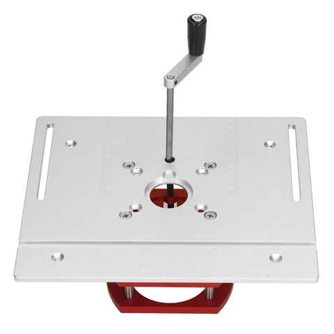 Heavy Duty Router Table Manual Lift System With Precision Cast Aluminum Base Plate and Rust Proof Stainless Steel Insert top view showing manual lift lever.
