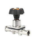 Front view of QiiMii SS316L tri-clamp diaphragm valve, 3/4-inch, EPDM/PTFE membrane, stainless steel body.