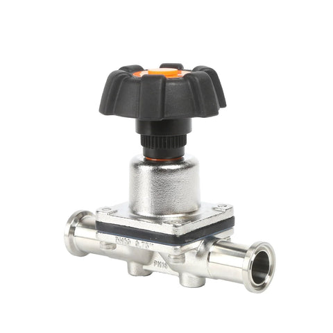 Front view of QiiMii SS316L tri-clamp diaphragm valve, 3/4-inch, EPDM/PTFE membrane, stainless steel body.