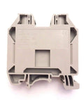 Front view of DK35N DIN Rail Terminal Block Screw Type UL 600V 150A One Zero To Twelve AWG Pack Of 5, compact and grey.