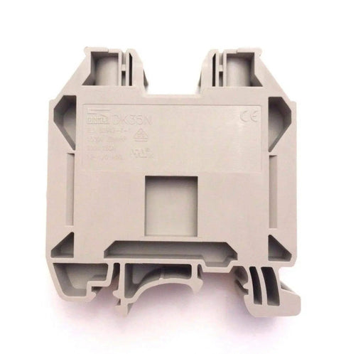 Front view of DK35N DIN Rail Terminal Block Screw Type UL 600V 150A One Zero To Twelve AWG Pack Of 5, compact and grey.