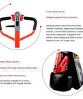 Heavy Duty Electric Pallet Jack With Quick Swap Lithium Battery grip with turtle speed switch and upgrade battery details.