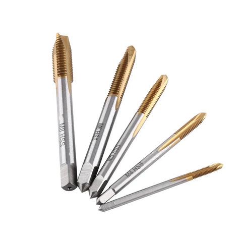 Grab This Premium M8 Metric HSS Thread Tap Kit With Forward Chip Ejection And Hard Coating For Rugged Repair Jobs And Serious Cutting Tasks That Need Top Tier Durability And Precision In Every Single Screw Operation. Five M8 HSS taps with gold coating