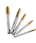 Jiawu 5 Pcs Coated Hss Thread Tap Kit M8 With Forward Chip Ejection For Cutting And Repairing Damaged Metal Threads In Your Garage Works Like A Charm. 5-piece M8 HSS coated thread taps