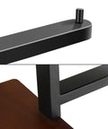 Close-up of black metal roll holder and brown wood finish on Floating Bathroom Shelves With Toilet Paper Holder Wall Mount.