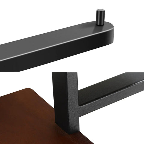 Close-up of black metal roll holder and brown wood finish on Floating Bathroom Shelves With Toilet Paper Holder Wall Mount.