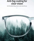 All Day Comfort Anti Fog Safety Glasses With Blue Light Blocking Lenses And UV Protection, clear lens showing fog-free forest.