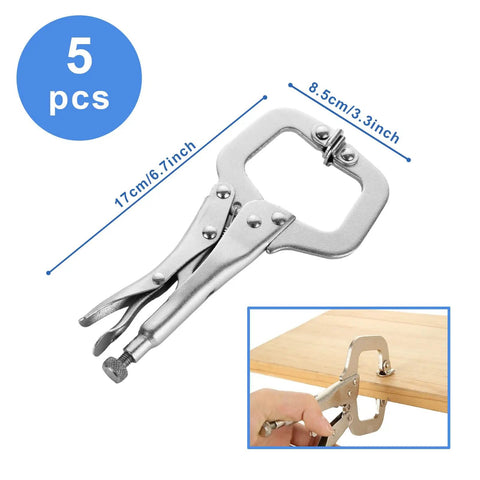 5 Pc 6 Inch Locking C Clamp Pliers Set With Non Slip Swivel Pads Heavy Duty Vise Grip Clamps for woodworking, shown clamping wood.