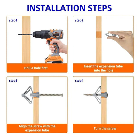 Installation steps for Drywall Expansion Screw Set For Gypsum Board And Hollow Walls With Plastic Toggle Anchors And Screws.