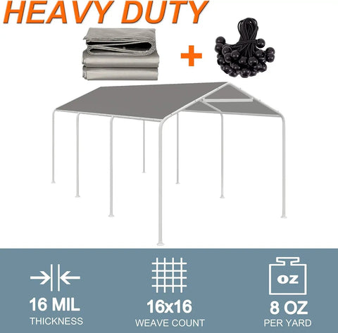 10x20 Ft Carport Replacement Canopy Cover in gray with included 44 ball bungee cords, frame not included, 16 mil thick