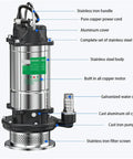 Heavy Duty Submersible Water Pump With 750 Watt Motor And 10 Meter Head showing stainless steel body and copper motor.