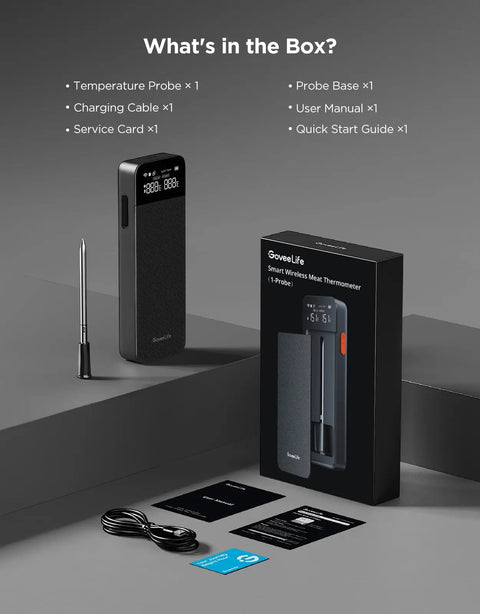 Smart Wireless Meat Thermometer With Bluetooth And WiFi Ultra Range box contents including probe, base, cable, and manuals.