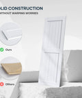 32 By 84 Inch White Barn Door With Five And A Half Foot Sliding Door Hardware Kit Included And Handle Solid Wood Covered With Waterproof PVC Surface Easy DIY Assembly And Install H Frame Fits Twenty Eight To Thirty Inch Wide Opening shown upright displaying solid construction without warping worries