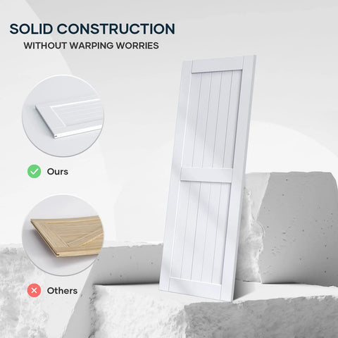 32 By 84 Inch White Barn Door With Five And A Half Foot Sliding Door Hardware Kit Included And Handle Solid Wood Covered With Waterproof PVC Surface Easy DIY Assembly And Install H Frame Fits Twenty Eight To Thirty Inch Wide Opening shown upright displaying solid construction without warping worries
