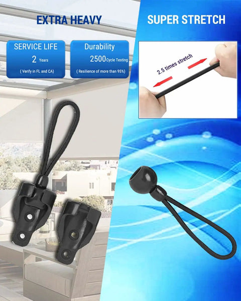 Built Tough Outdoor Roller Shade Bungee Kit With End Caps and Stretchable Black Tie Downs, Weatherproof, UV Resistant