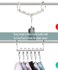 Space Saving Cloth Hangers Set of 12, Heavy Duty Metal Closet Organizer With Magic Hanger System shown with clothes hanging.