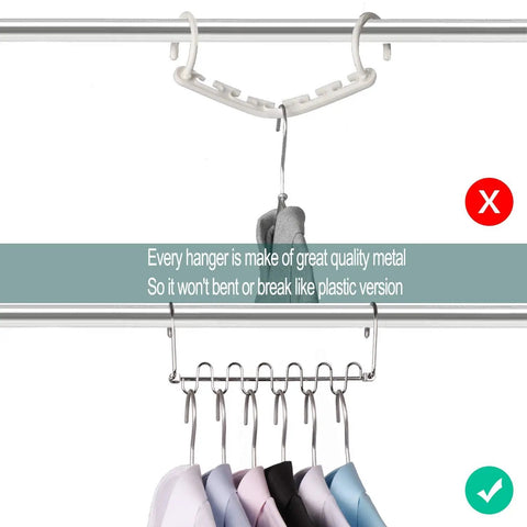 Space Saving Cloth Hangers Set of 12, Heavy Duty Metal Closet Organizer With Magic Hanger System shown with clothes hanging.