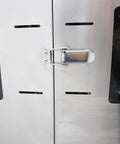 Professional Grade Built Unlike Any Other Commercial Food Dehydrator Featuring Dual Separate Drying Rooms And Sixty Bulletproof Stainless Trays For Pet Food And Herbs door latch detail on durable stainless steel exterior.