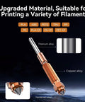 Ender 3 V3 SE KE Hotend Upgrade Kit with ceramic heating block and quick swap nozzle shown with titanium alloy and copper materials.