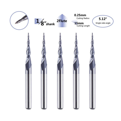 SpeTool 5-piece tapered ball-nose end mills, 1/8 in shank, 0.25 radius, 15 mm cutting length, 2-flute CNC router bits