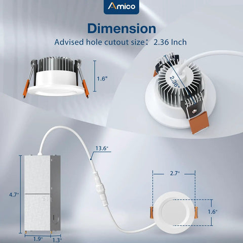 Dimension guide for 12 Pack Sleek Two Inch Led Canless Recessed Ceiling Lights With No Sweat Adjust 5Cct Color Temp Ic Rated Ultra Thin Flush Mount Downlight.
