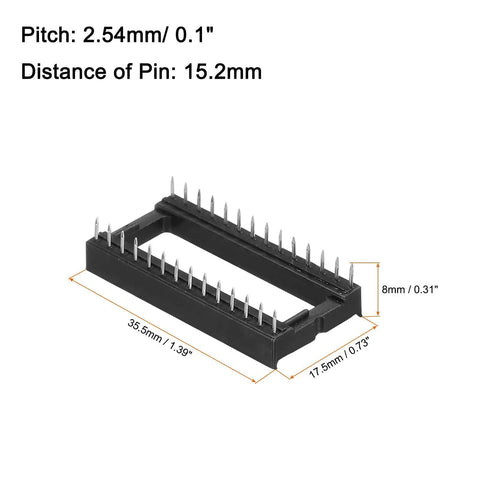 20 Pack DIP IC Socket Adapters 28 Pin, 2.54mm Pitch For Soldering And Quick IC Testing with measurements diagram