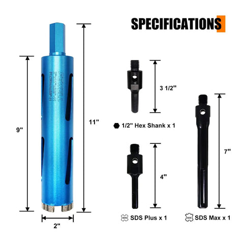 Beefy Two And A Half Inch Diamond Core Drill Bits With Nine Inch Deep Drilling, Laser Welded Segments for Concrete Brick Block Masonry