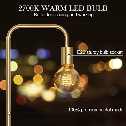 Industrial Floor Lamp With Light Bulb Included, tall metal standing light in brushed gold with glowing bulb, E26 socket visible