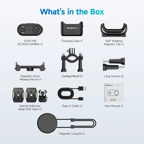 Components of the 4K POV Wearable Camera For Daily Vlogging And Outdoor Adventures, including mounts, cables, and manual.