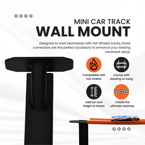 Hot Wheels Wall Track Connectors For Toy Racetracks Create Elevated Ramp Racing On Walls Compatible With Hot Wheels Tracks 10 Pack Black Made In USA Easy To Install And Stoke Kids Imagination, showing wall-mounted track connector.