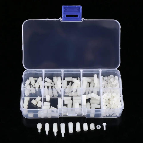 Built Tough Top Shelf M2.5 Hex Nylon Standoff Spacer Kit Featuring 200 Pieces Of Assorted Male And Female Mounts Screws And Nuts For Professional Tech Builds Daily in a storage box.