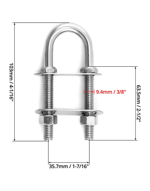 QWORK stainless steel boat stern eye tie-down U-bolt, 2-pack with washers and nuts, 3/8 dia, 2-1/2 thread