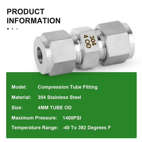 Front view: TAISHER 5-piece 304 stainless steel compression tube fittings; straight adapters for 4mm OD tubing