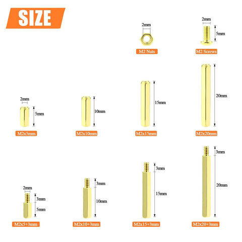 Size chart for Brass M2 Spacers And Screws Kit 322 Piece Set With 10 Sizes Of Female To Female Hex Standoffs M2x5mm Screws Threaded