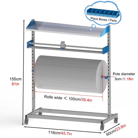 Heavy Duty Bubble Wrap Dispenser With Smooth Gliding Swivel Casters And Razor Sharp Built In Cutter Mobile Rolling Cart shown with a large roll and adjustable bar.