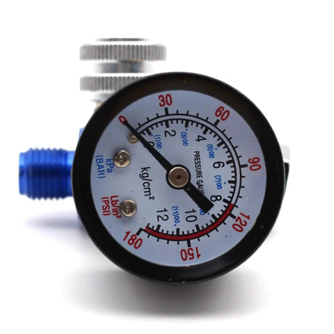 One Quarter Inch Spray Paint Air Pressure Regulator Mounted With Precision Gauge showing pressure readings.