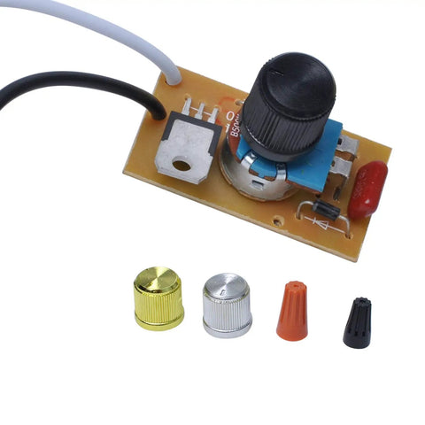 Smooth Rotary Dimmer Switch With Knob For 200 Watt Bulbs, 120 Volt Manual Control Replacement For Led Halogen And Incandescent Lights No Sweat Install For Indoor And Outdoor Settings showing circuit board and various knob caps.