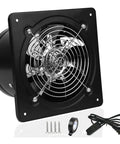 Front view of 4 Inch Metal Exhaust Fan With Heavy Duty Iron Build Whisper Quiet Operation Anti Backflow Check Valve, accessories included.