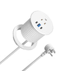 Slick Recessed Desktop Power Grommet 2.5 Inch Flush Mount Outlet Featuring Twenty Watt USB C Fast Charging with white cord and three ports.
