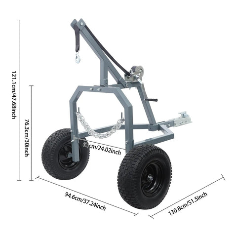 ATV Log Skidding Arch With 1600 Lbs Capacity Rugged Manual Winch 24 Inch Log Diameter 16 Inch Grip Tires Beefy Logging Arch Trailer